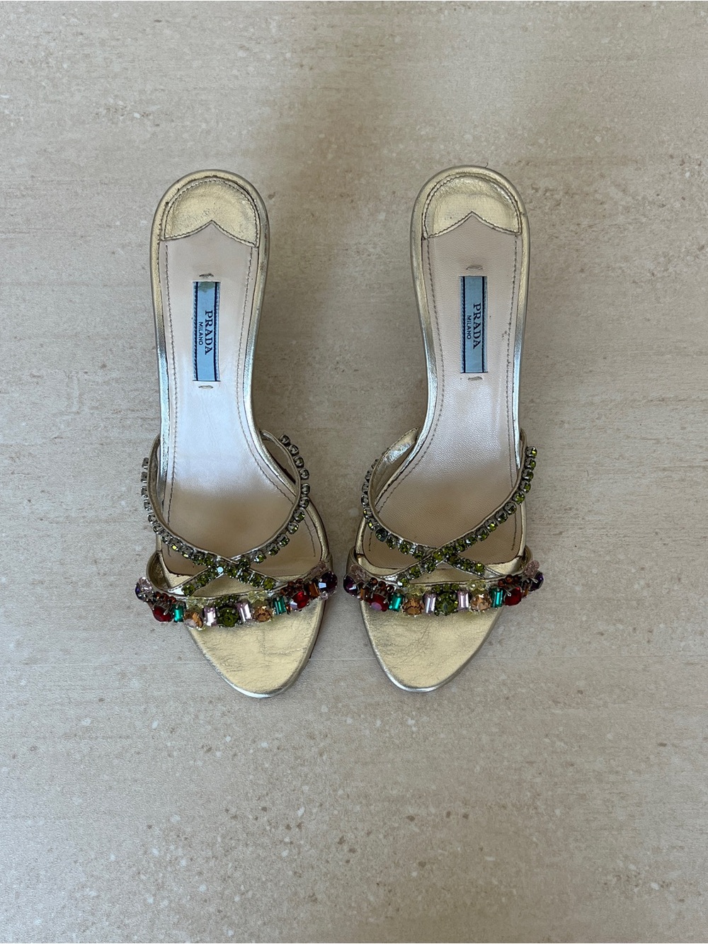 Prada Gold Crystal-Embellished Open-Toe Heels - Picture 1 of 8